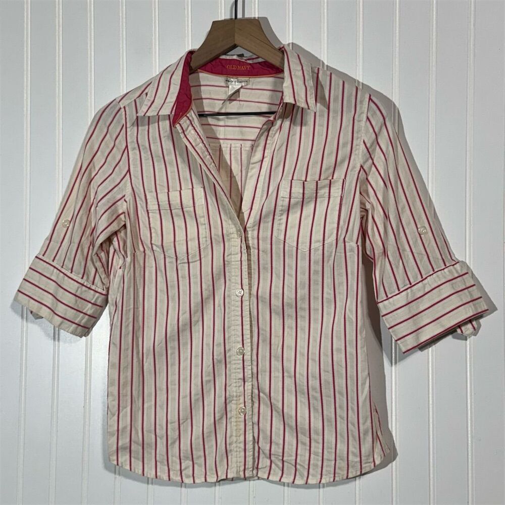 Old Navy Pink White Striped‎ Button Down Shirt Women’s M Cotton Blend 2006 Y2K